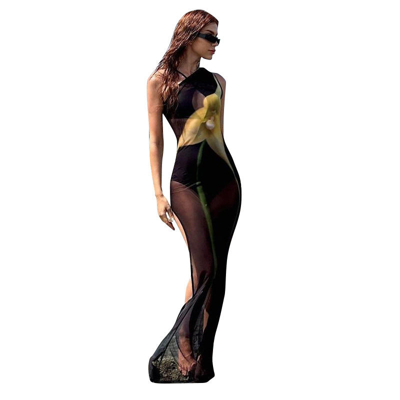 Fashion Personality Female Mesh Sexy Print Dress