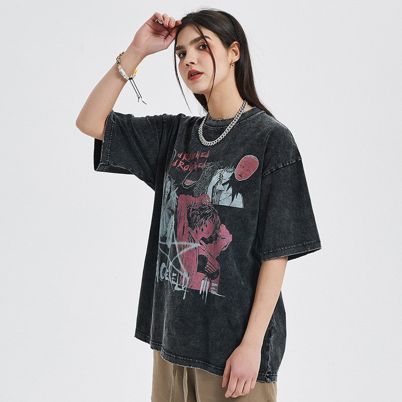 Men's Comic Graffiti Loose Washed Distressed Short Sleeve T-Shirt