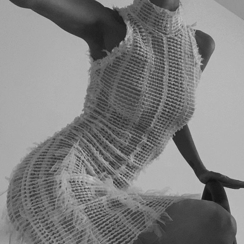 Fashion Sexy Tassel See-through Slim-fit Elegant Sheer Mesh Dress