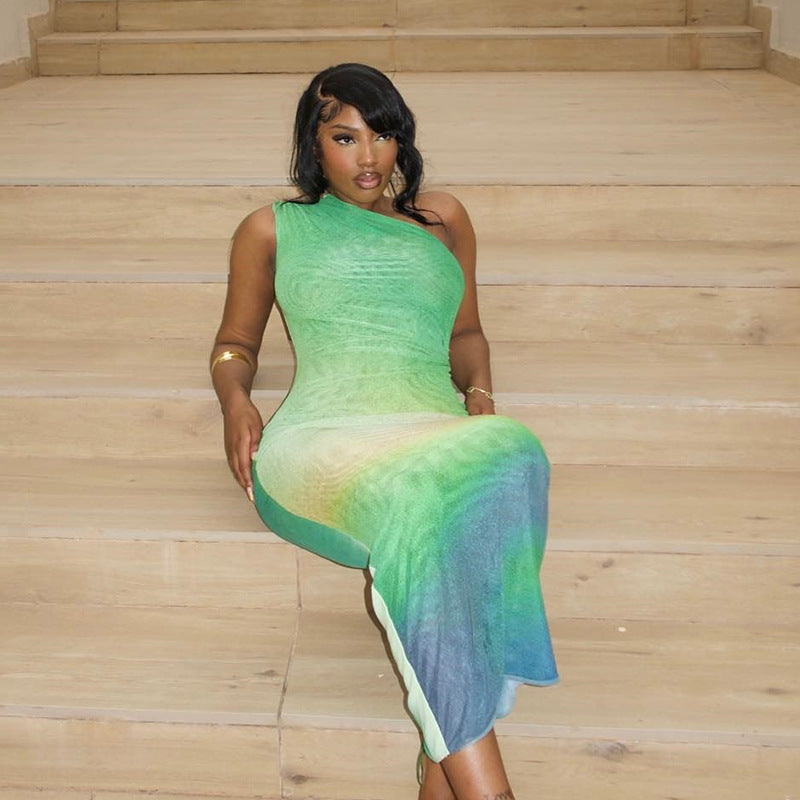 Printed Sexy Crossbody Sleeveless Gradient Color Sheath Dress