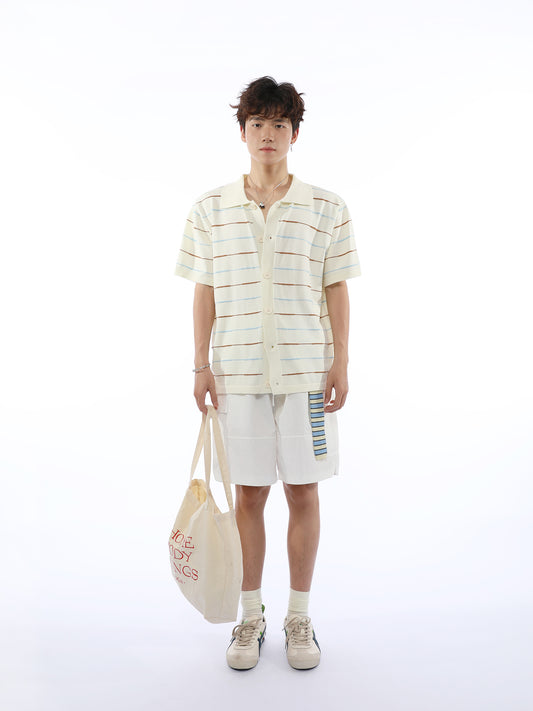 Casual Lapel Striped Short-sleeve Knitted Cardigan POLO Shirt