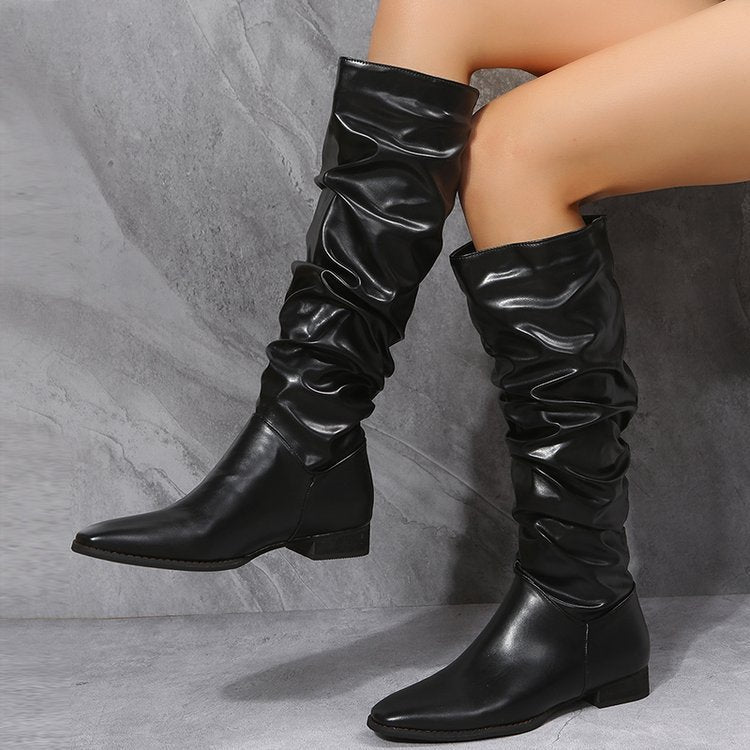 Bottes pliantes à talons bas pointus et longs tubes tendance