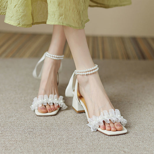 Women's Chunky Heel Pearl Ribbon Sandals