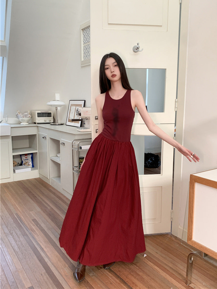 Retro Printed Backless High Waist Large Swing Skirt