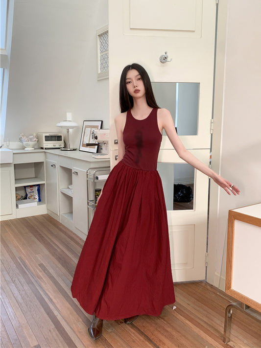 Retro Printed Backless High Waist Large Swing Skirt