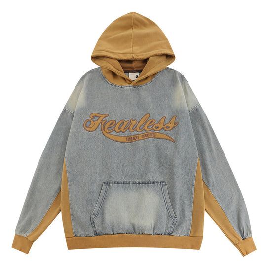 American Retro Colorblock Hood Pullover Denim