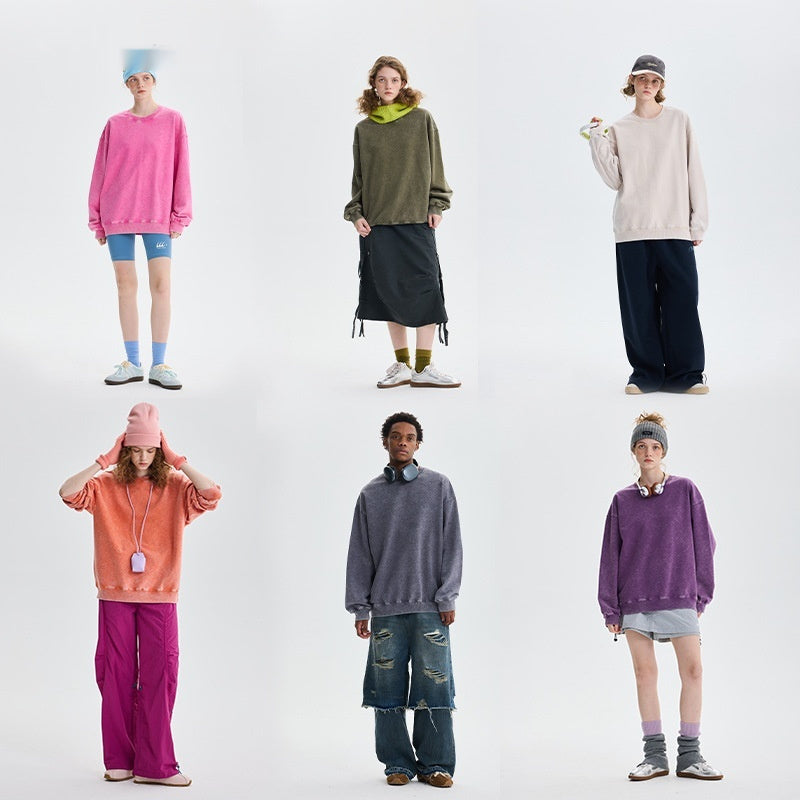 Sweater Cotton Washed Old Round Neck Long Sleeve Top