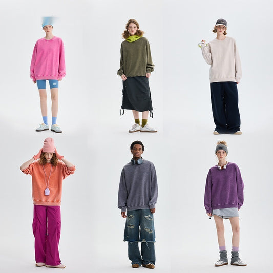 Sweater Cotton Washed Old Round Neck Long Sleeve Top