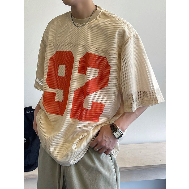 Retro Loose Profile Breathable Mesh Printed Short Sleeve T-shirt