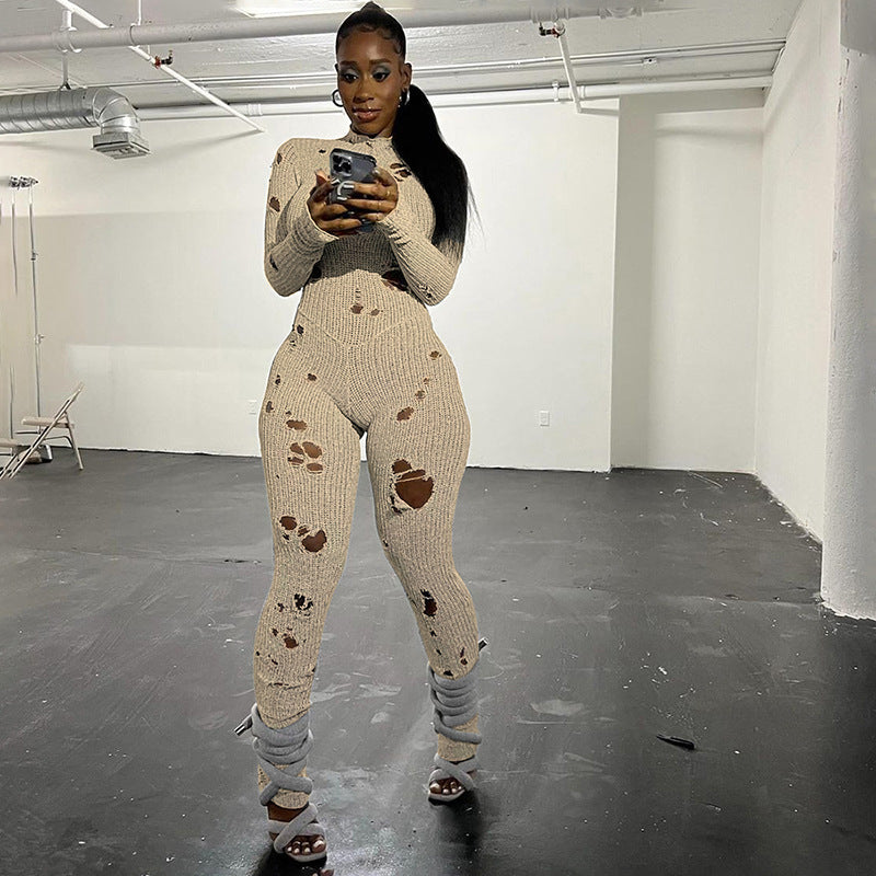 Solid Color Casual Long Sleeves Wool Lace-up Ripped Slim Fit Long Conjoined Trousers