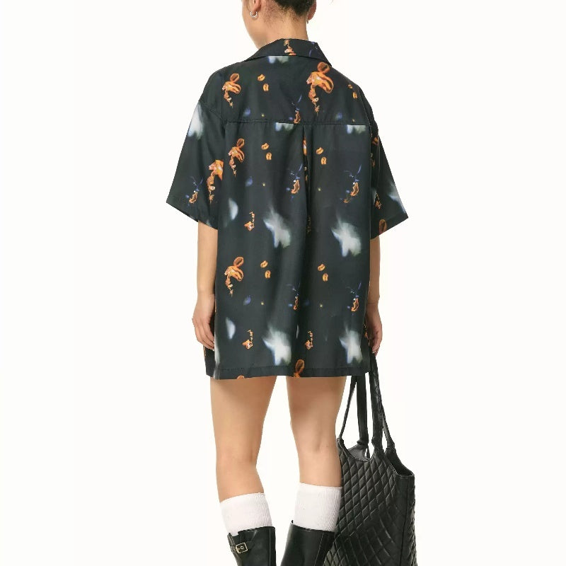 Chemise à manches courtes à imprimé vintage, ample et décontractée