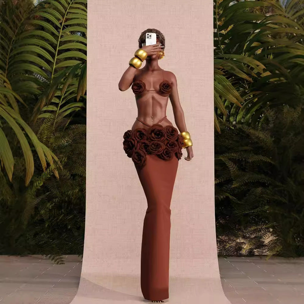 Three-dimensional Flower Sheath Dress Two-piece Set