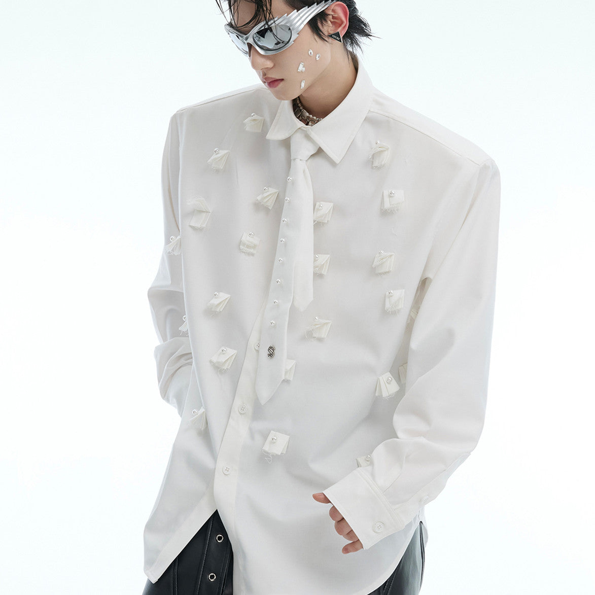 Niche Pearl Embellished Padded Shoulder Shirt Men's Tie Stitching Loose Cardigan