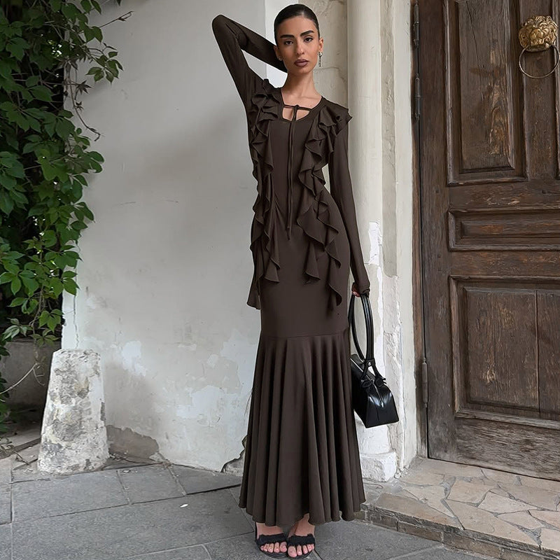 Ruffles Lace-up Long Sleeve Waist Dress
