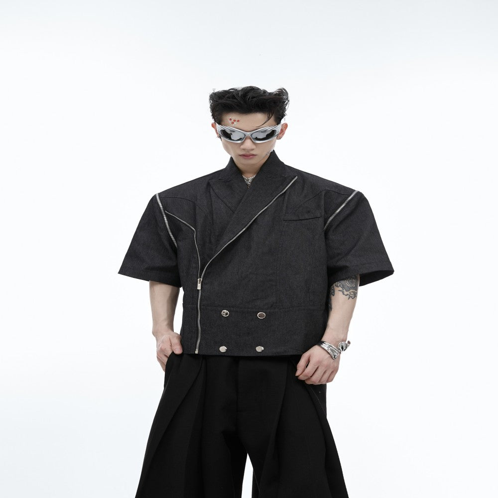 Metal Zipper Detachable Short Sleeve Denim Coat