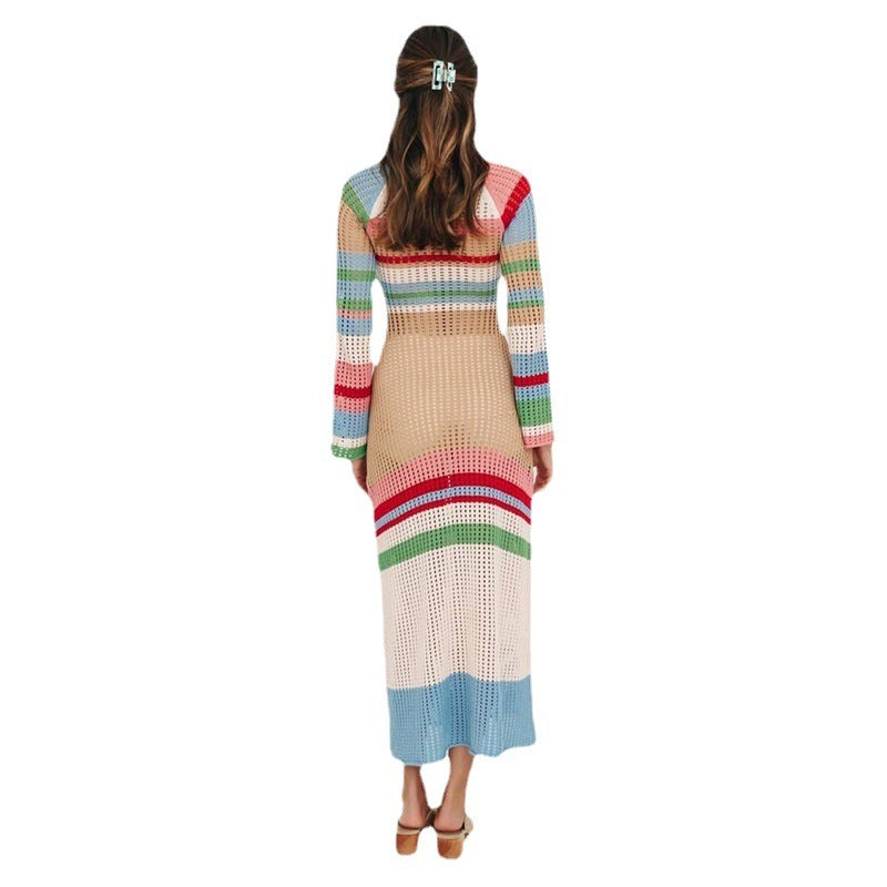 New Striped Colored Pullover Knitted Beach Bikini Blouse Long Dress