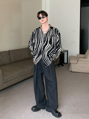 Chemise à revers à imprimé zèbre contrasté, chemise ample à manches longues pour homme