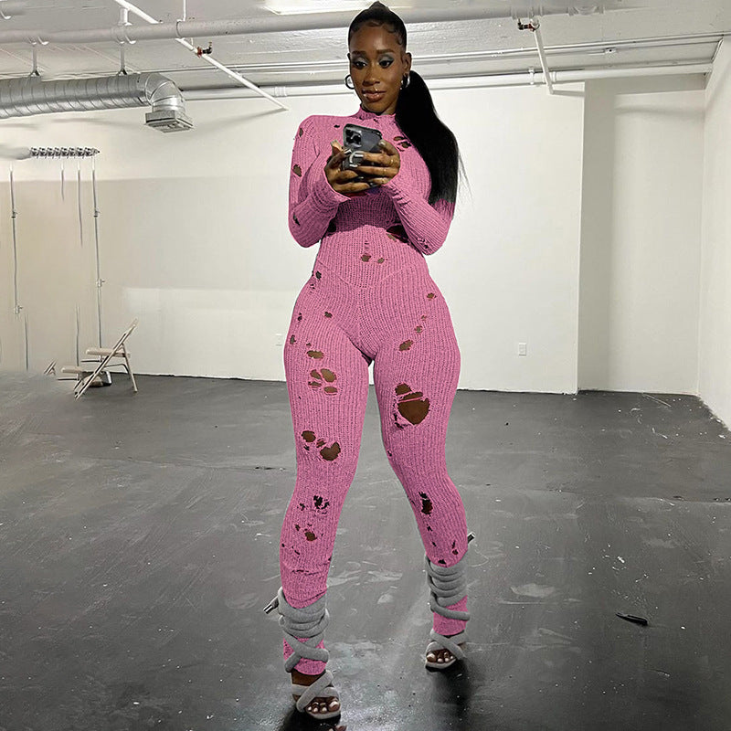 Solid Color Casual Long Sleeves Wool Lace-up Ripped Slim Fit Long Conjoined Trousers