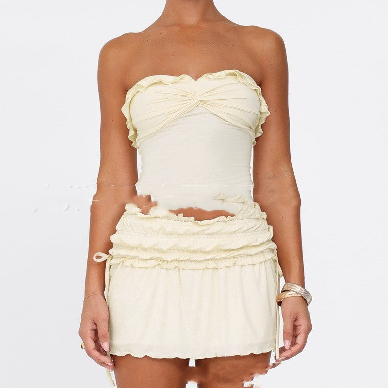 Ensemble jupe fourreau plissée unie à lacets