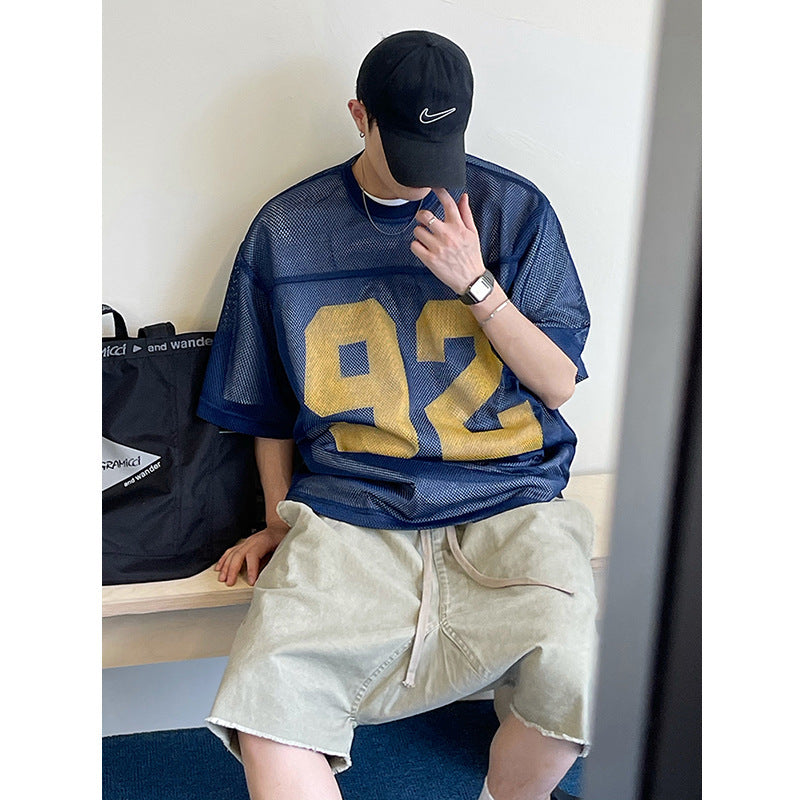 Retro Loose Profile Breathable Mesh Printed Short Sleeve T-shirt