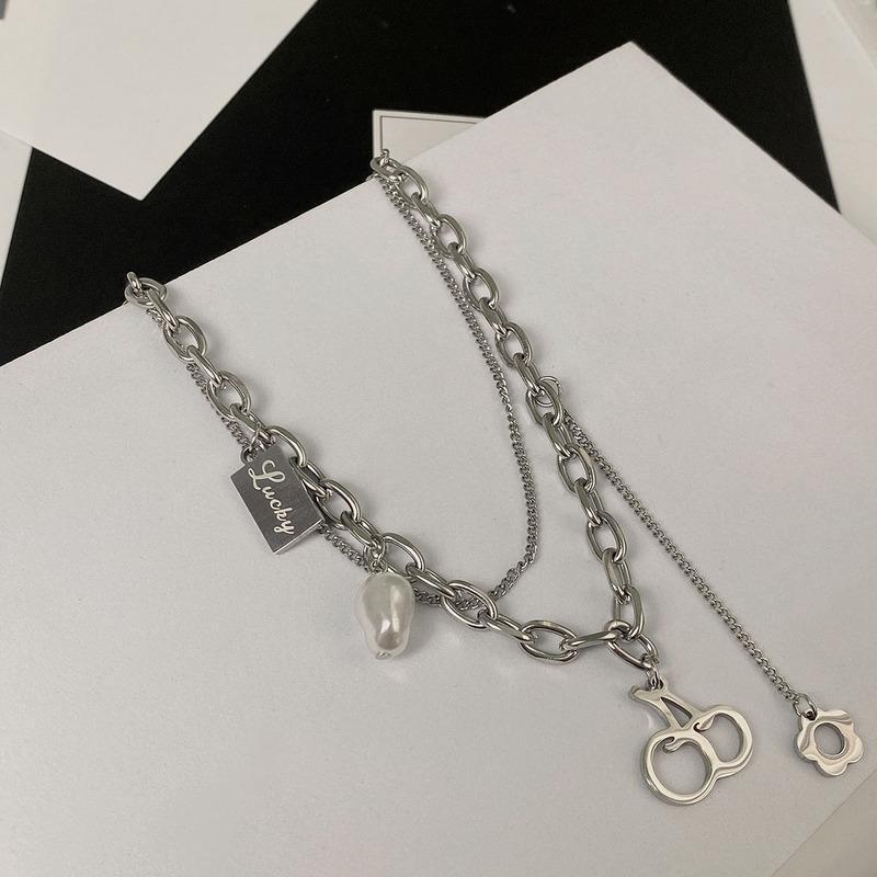 Pearl Titanium Steel Hip Hop Multi-layer Stitching Necklace