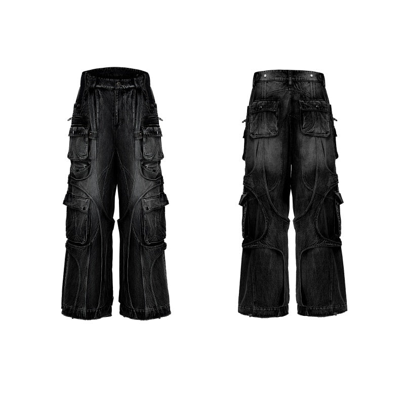 Worn Looking Washed-out Wide Leg Jeans Ribbon Winding Loose Multi-pocket