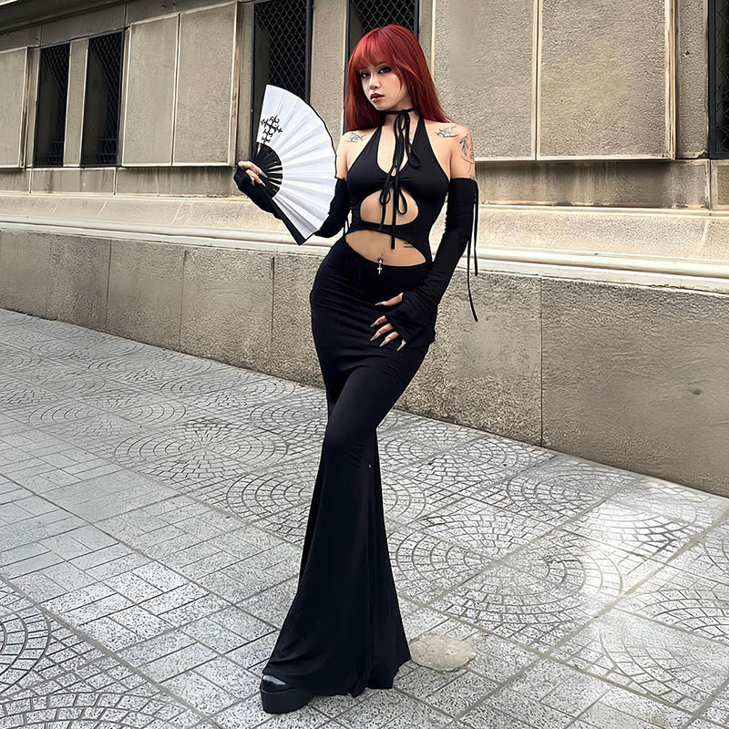 Halter Sexy Backless Lace Up Long Sleeve Dress