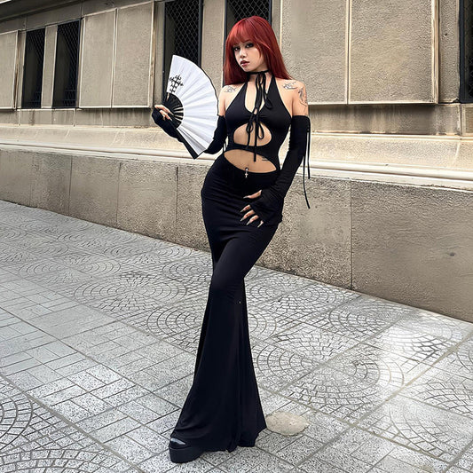 Halter Sexy Backless Lace Up Long Sleeve Dress