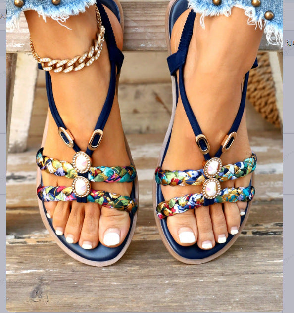 Round Head Woven Fashion Outdoor Sandals Flat Bottom Plus Size