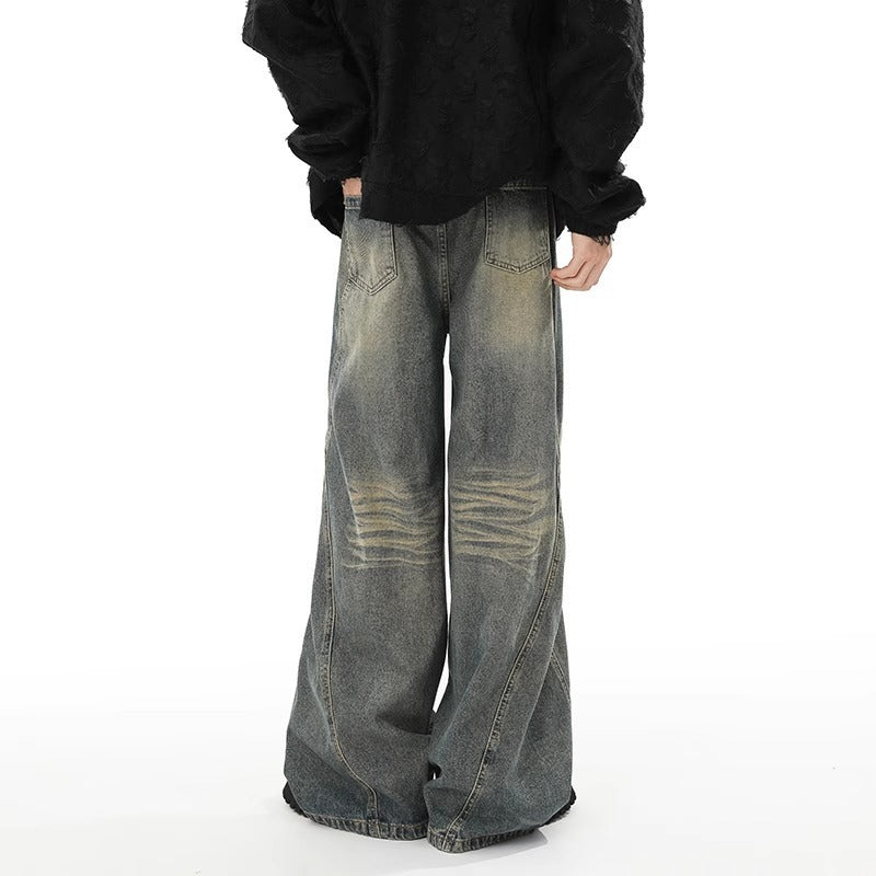 Washed Distressed Stitching Jeans Men's Straight Loose Wide-leg Pants