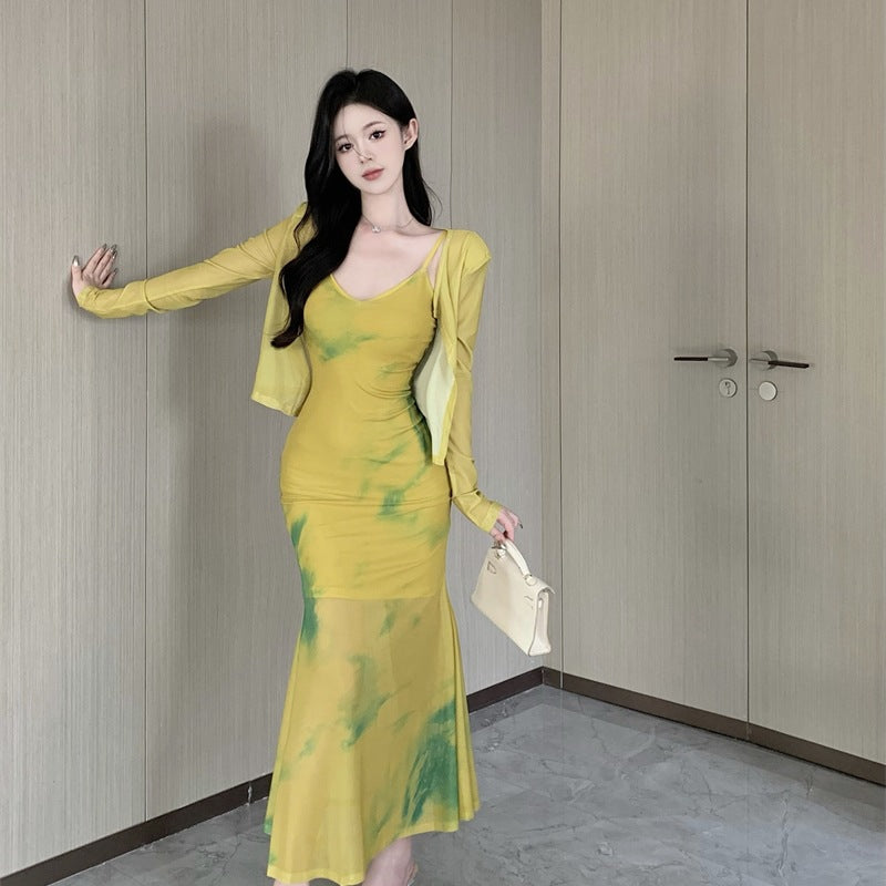 Robe fourreau rétro tie-dye pour femme, fendue et à bretelles