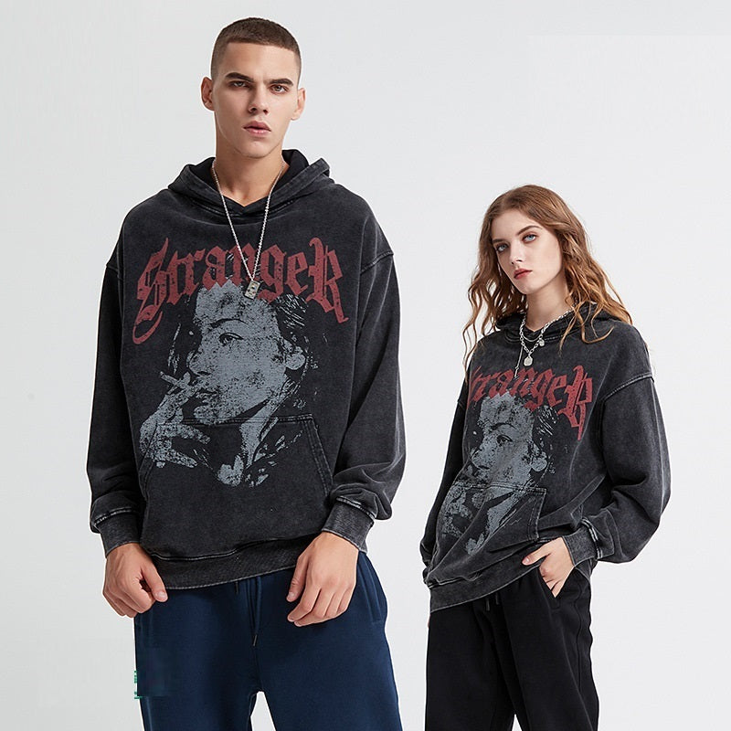 Snowflake Frayed Pullover Cotton Print Hoodie