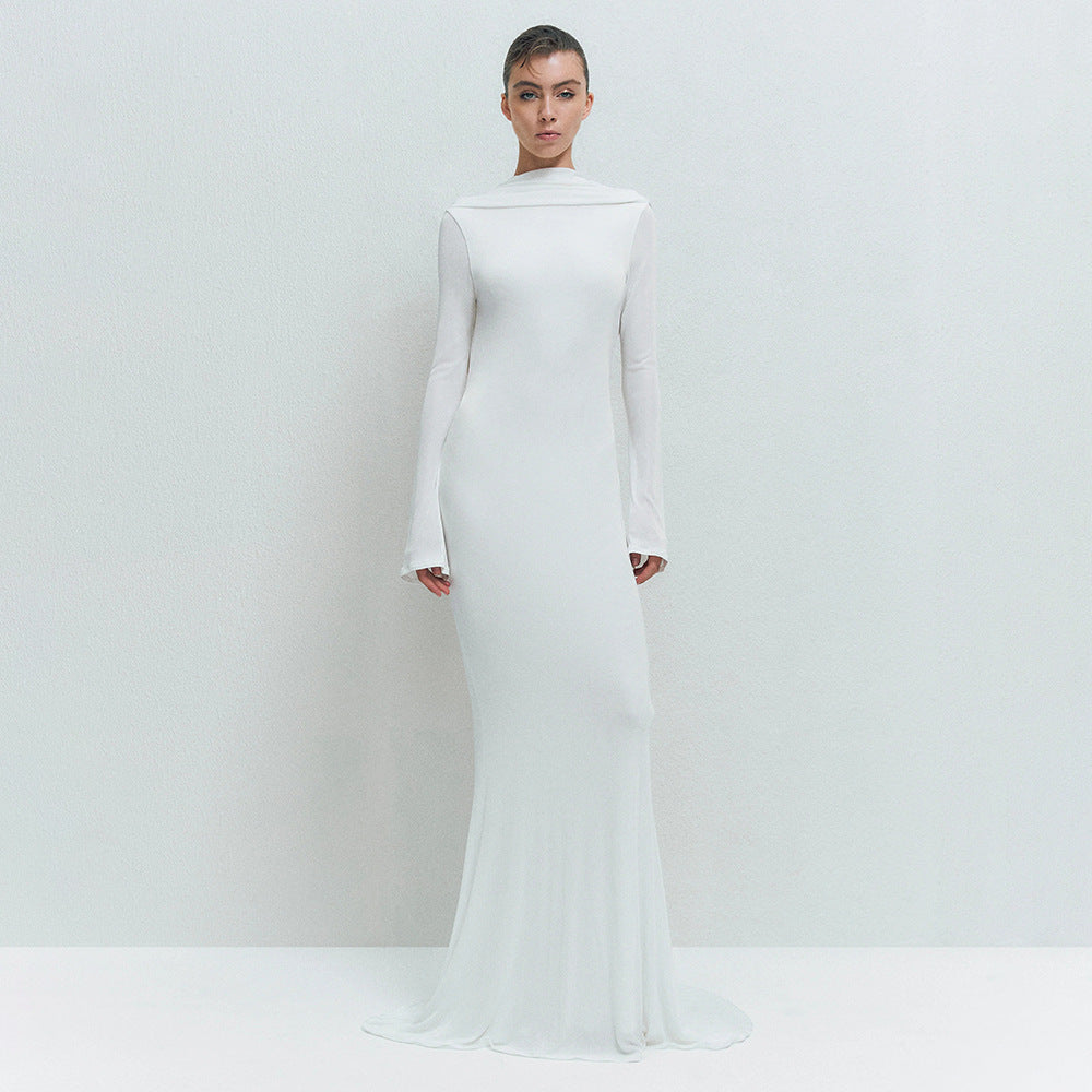 Simple Solid-Color Scoop Neck Backless Pleated Bodycon Long-Sleeve Dress