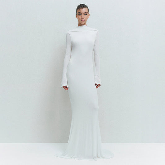 Simple Solid-Color Scoop Neck Backless Pleated Bodycon Long-Sleeve Dress