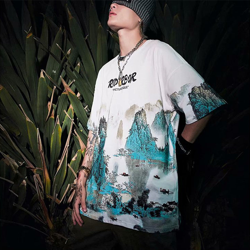 Crane Short-sleeved Male Loose Half-sleeved Hip-hop Hip-hop Ins Couple Wear T-shirt Tide Brand Top