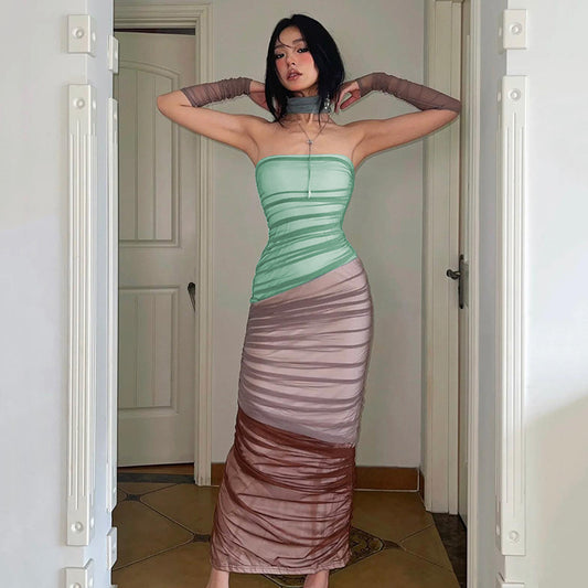 Robe longue sexy à col licou et épissure de couleur contrastée, moulante, taille haute et col unique