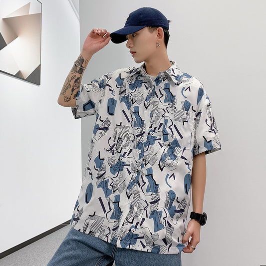 Solid Color Drop Shoulder Print Extra Loose Shirt Tide Brand Short Lining