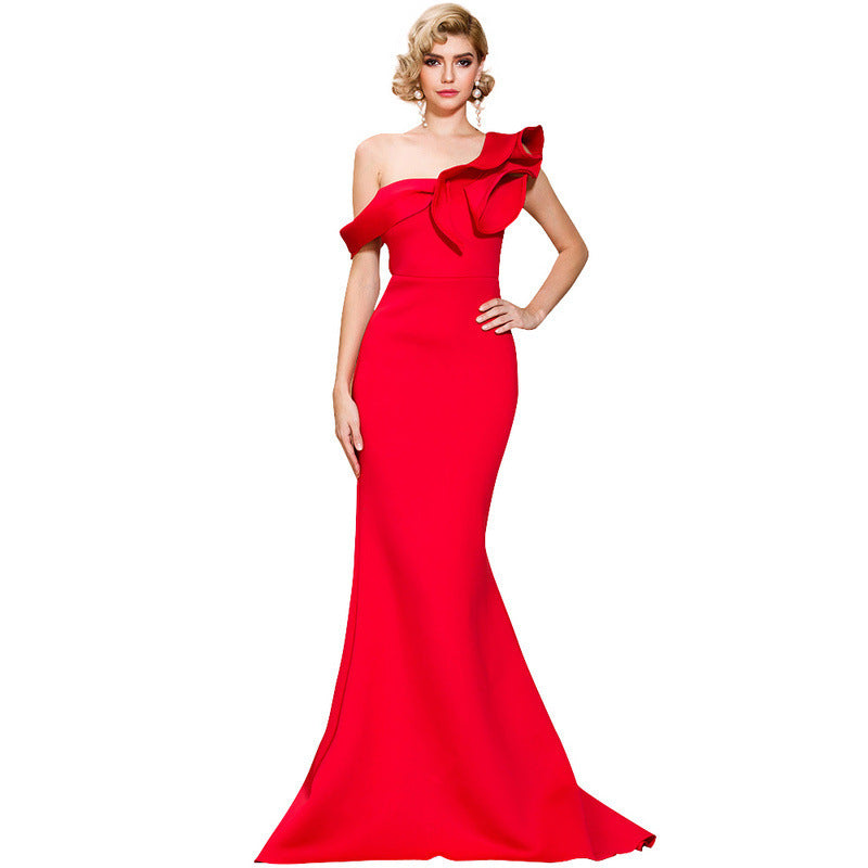 Sexy One Shoulder Ruffles Evening Party Dress Solid Color Celebrity Maxi Dress Slash Neck W