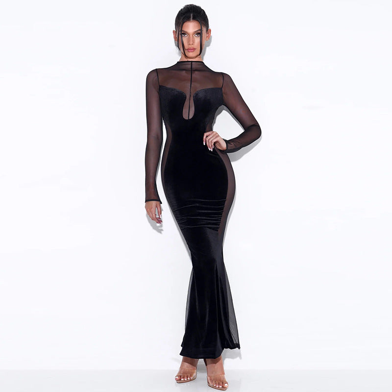 Women's Fashion Velvet Mesh Splicing Long-sleeved Dress