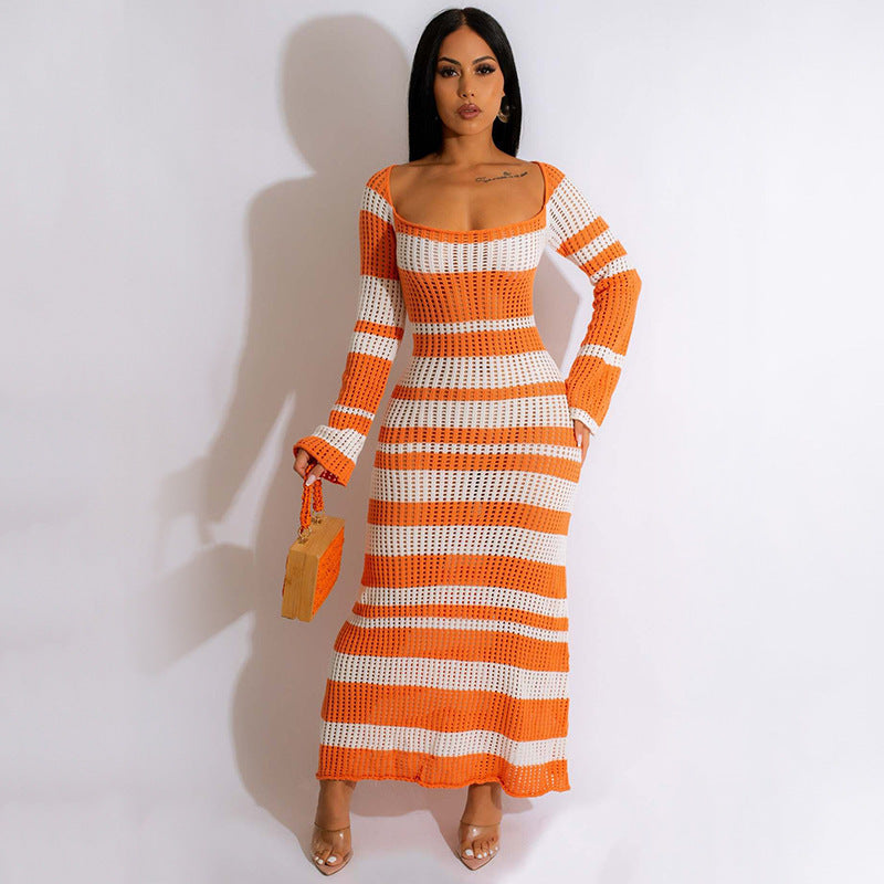 New Striped Colored Pullover Knitted Beach Bikini Blouse Long Dress