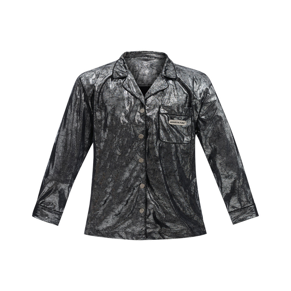 Liquid Silver Texture Padded Shoulder Shirt Loose Thin Coat