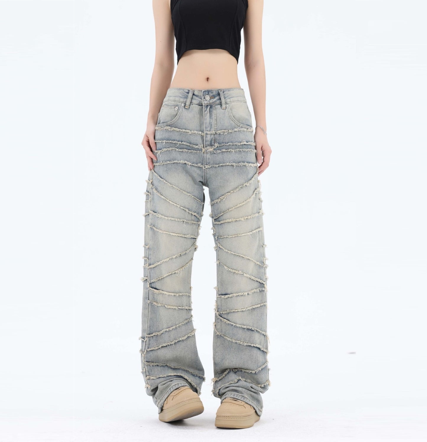 High Street American Washed Distressed Stitching Jeans With Whiskers Men