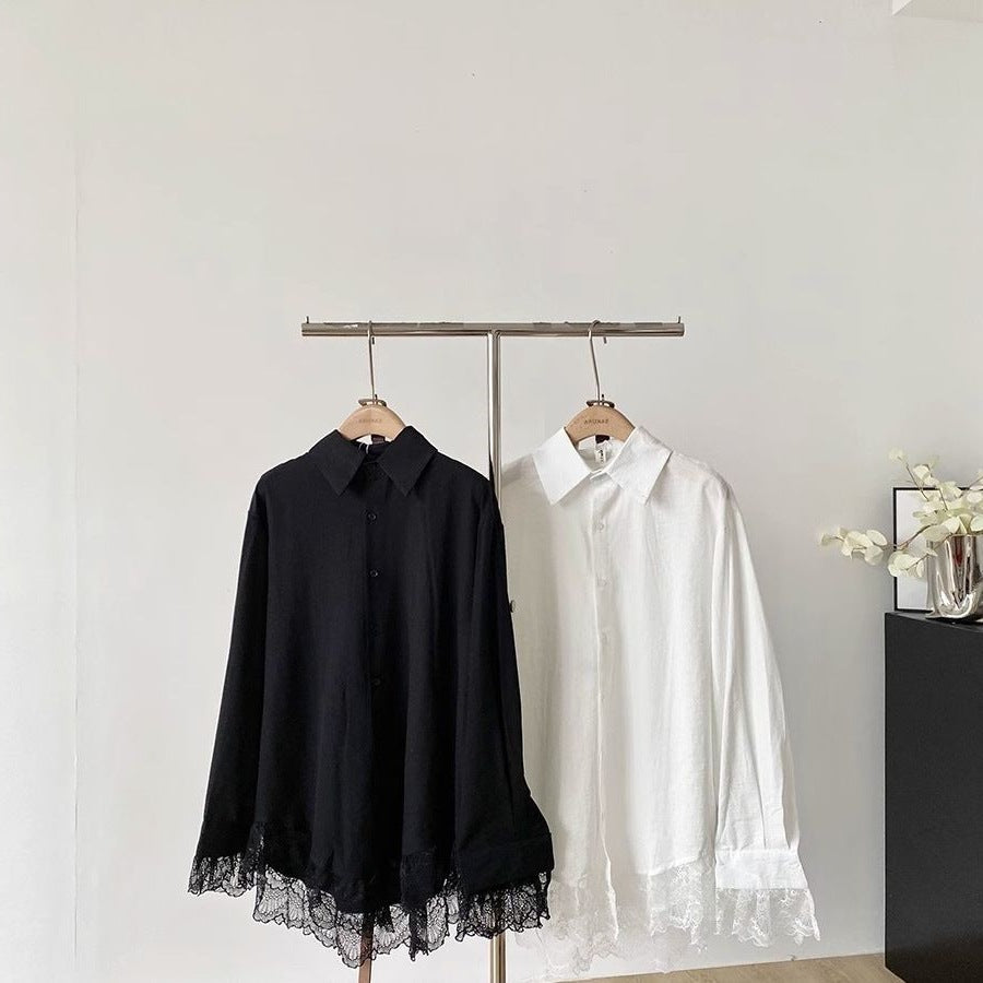 Lace Slimming Patchwork Versatile Shirt Dress With Belt