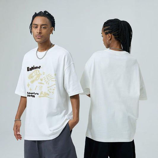 Loose Round Neck Dinosaur Loose Printed Double Yarn Cotton Short Sleeve
