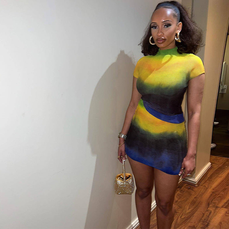 Temperament Commuter Slim Print Contrast Color Round Neck Short Sleeve Hip Skirt