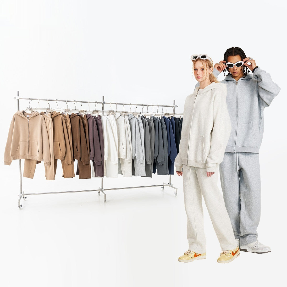 Autumn Fleece Solid Color Hooded Sweater Casual Loose Cardigan Sports Pants