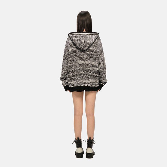 Manteau à capuche rayé en maille pour femme, ample et décontracté