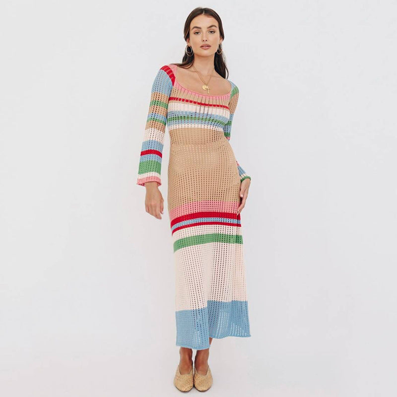 New Striped Colored Pullover Knitted Beach Bikini Blouse Long Dress