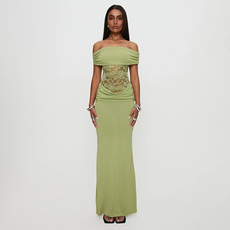 Robe extra longue en dentelle à épaules dénudées de couleur unie