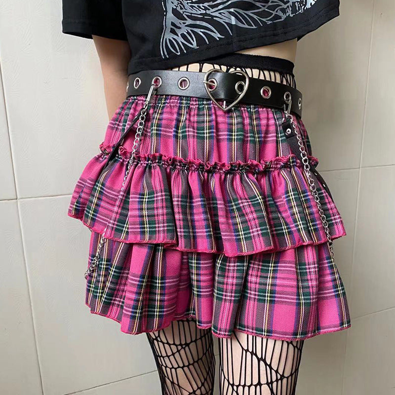 High Waist Fungus Plaid A- Line Half-length Slim-fit Pleated Miniskirt